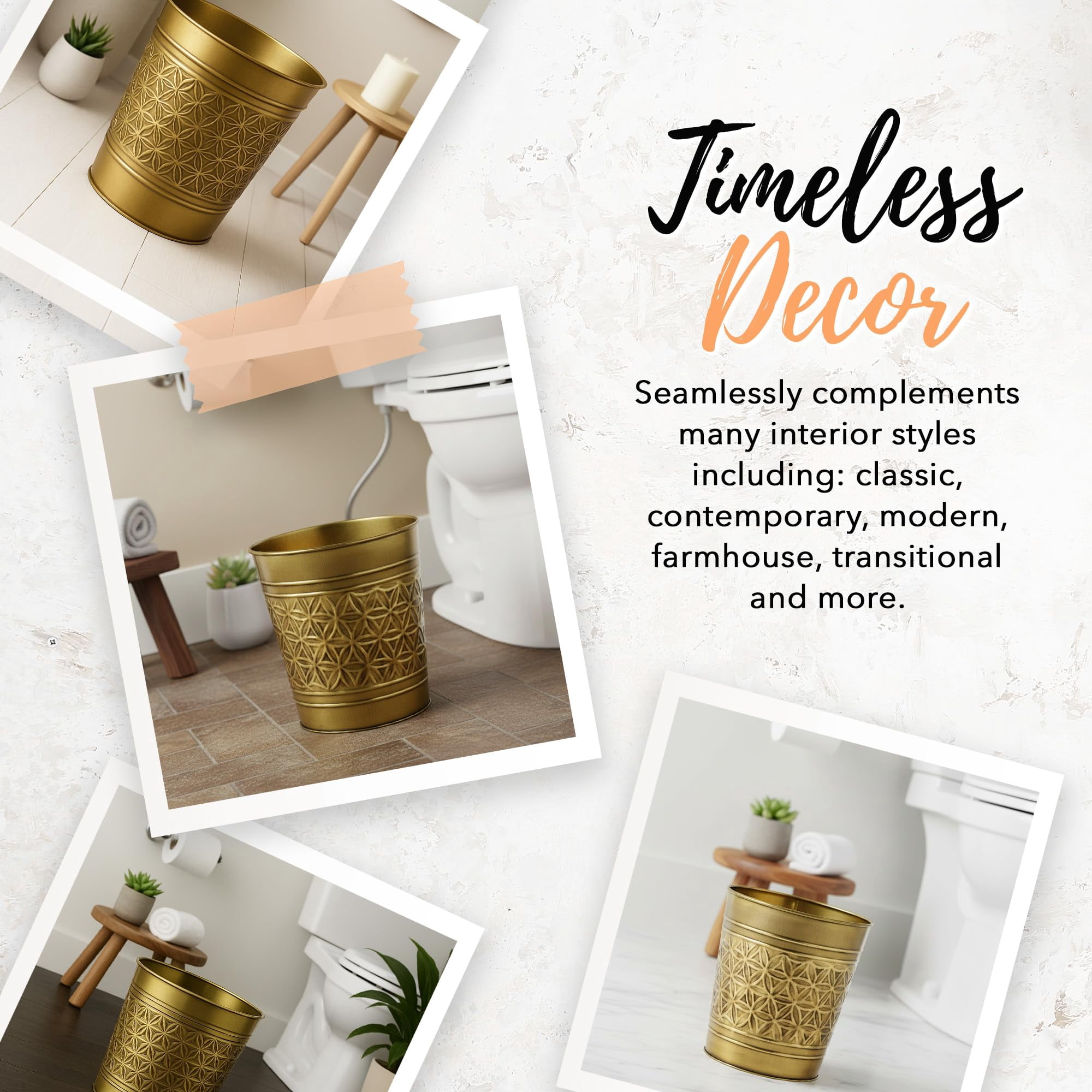 Autumn Alley Handcrafted Brass Bathroom Trash Can, Round Open-Top Bathroom Wastebasket Stylish Metal Waste Bin for Home, Office, Bedroom Decorative Waste Basket Decor, Coastal Trash Can Brass, 2 Gal.