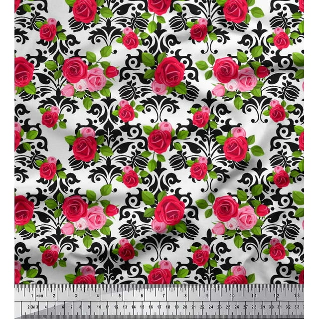 Soimoi Black polyester Crepe Fabric Damask Floral Decor Fabric Printed Yard 42 Inch Wide