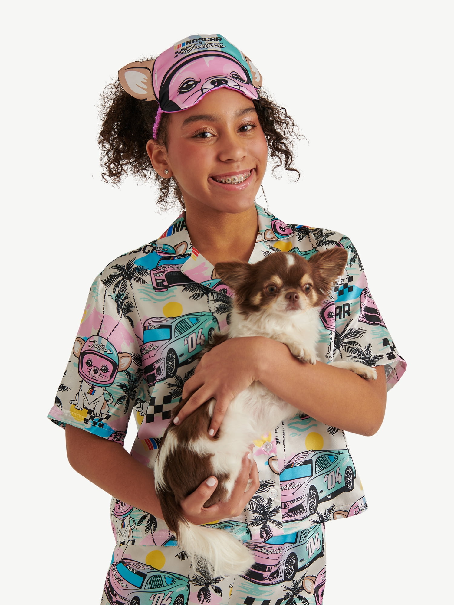 Justice Girls x Nascar Short Sleeve Button Top, Shorts and Eye Mask Pajama Set, 3-Piece, Sizes 5-18