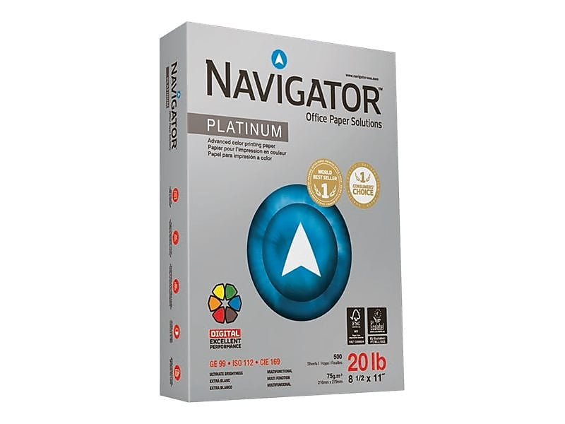 Navigator Platinum Paper, 99 Brightness, 20 lb., 8-1/2" x 11", White, 2500 Per Carton
