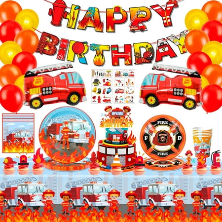 Fire Truck Party Supplies, 95pcs Fire Truck Birthday Party Decorations - Red Balloons Plates Napkins Tablecloth etc Birthday Party Supplies