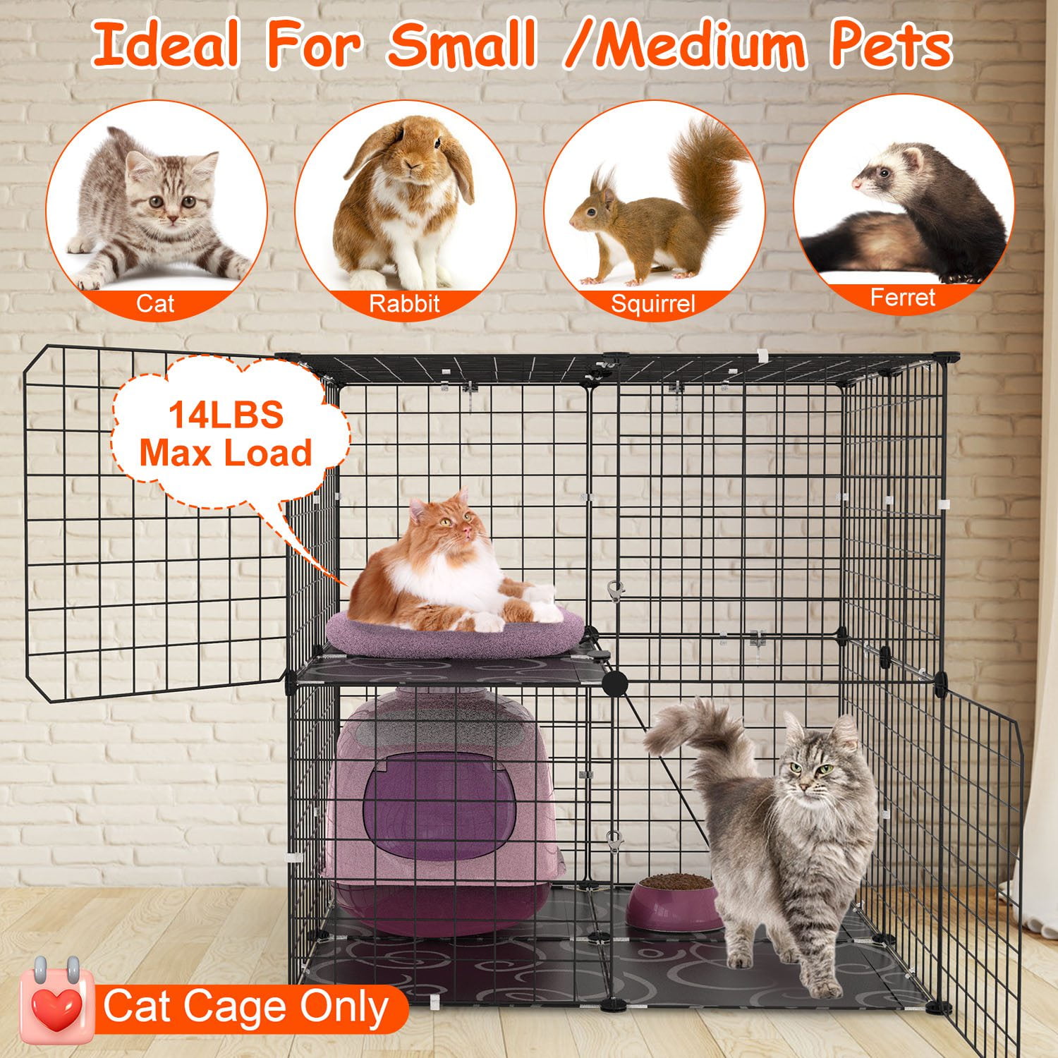 Zorpupoa 1Pc 2-Tier Cat Cage Playpen for Indoor Small Pets Detachable Cat Kennel House with Climbing Ladder 2 Doors, Multi-Level Enclosure for 1-2 Cats  Ferrets  Squirrels  Rabbits,Black