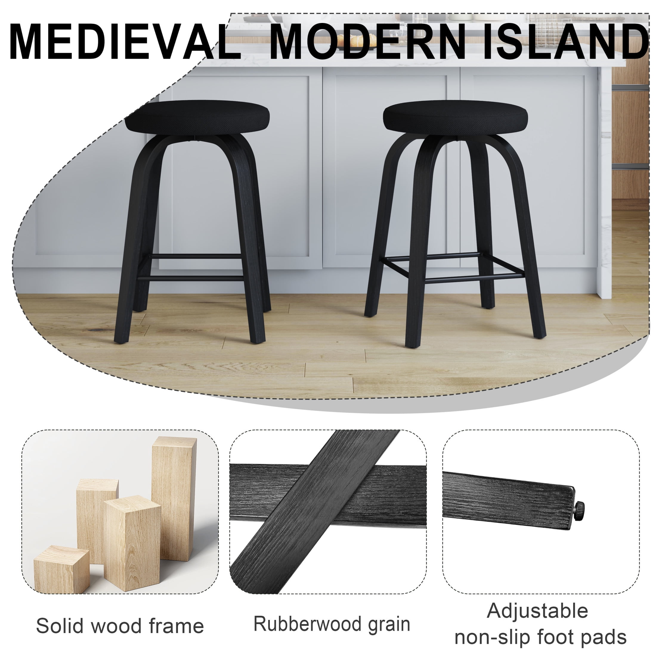 Noble House Florin 26" Swivel Backless Counter Height Bar Stools with Upholstered Seat & Bentwood Legs, Black, Set of 2