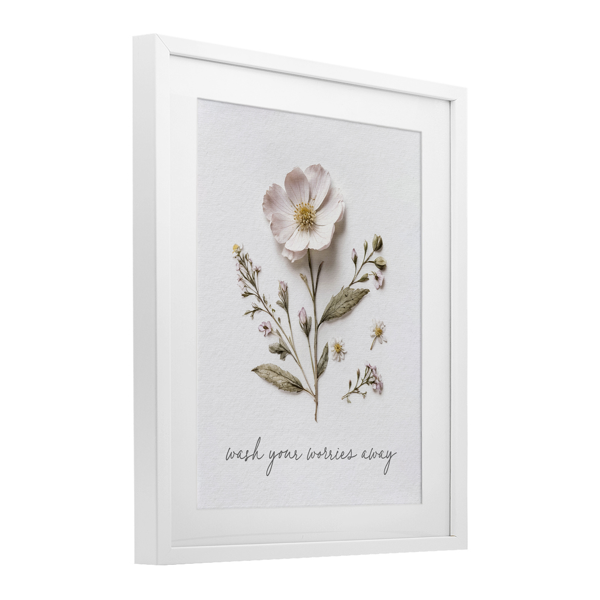 Pressed Flower Wash Worries Away White Framed Print Under Glass, design by Lettered and Lined