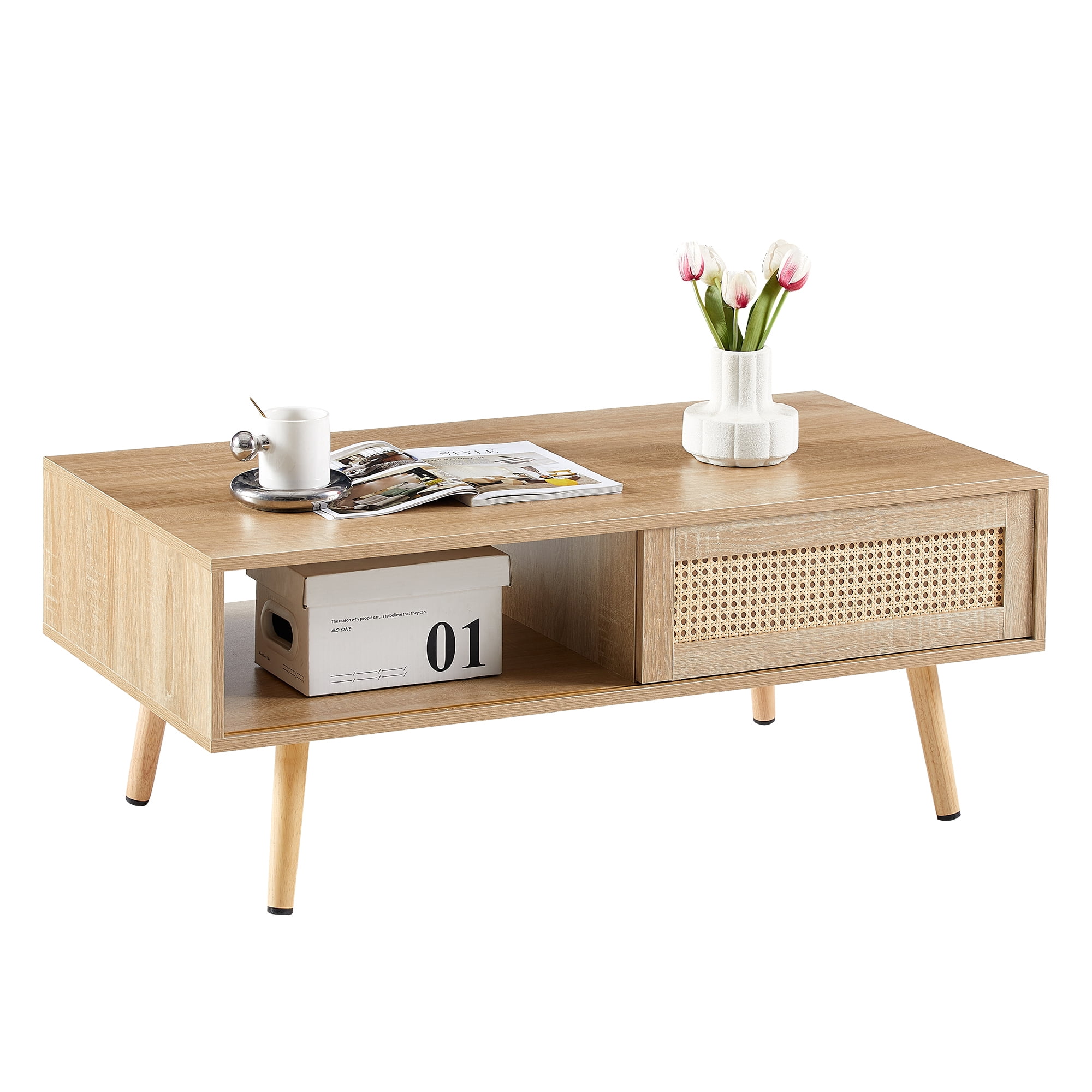 Leumius Modern Coffee Table with Storage,41.3 Inch Rectangle Wooden Accent Center Tables with Sliding PE Rattan Woven Door Panel and Solid Wood Legs, Suitable for Living Room, Apartment,Natural