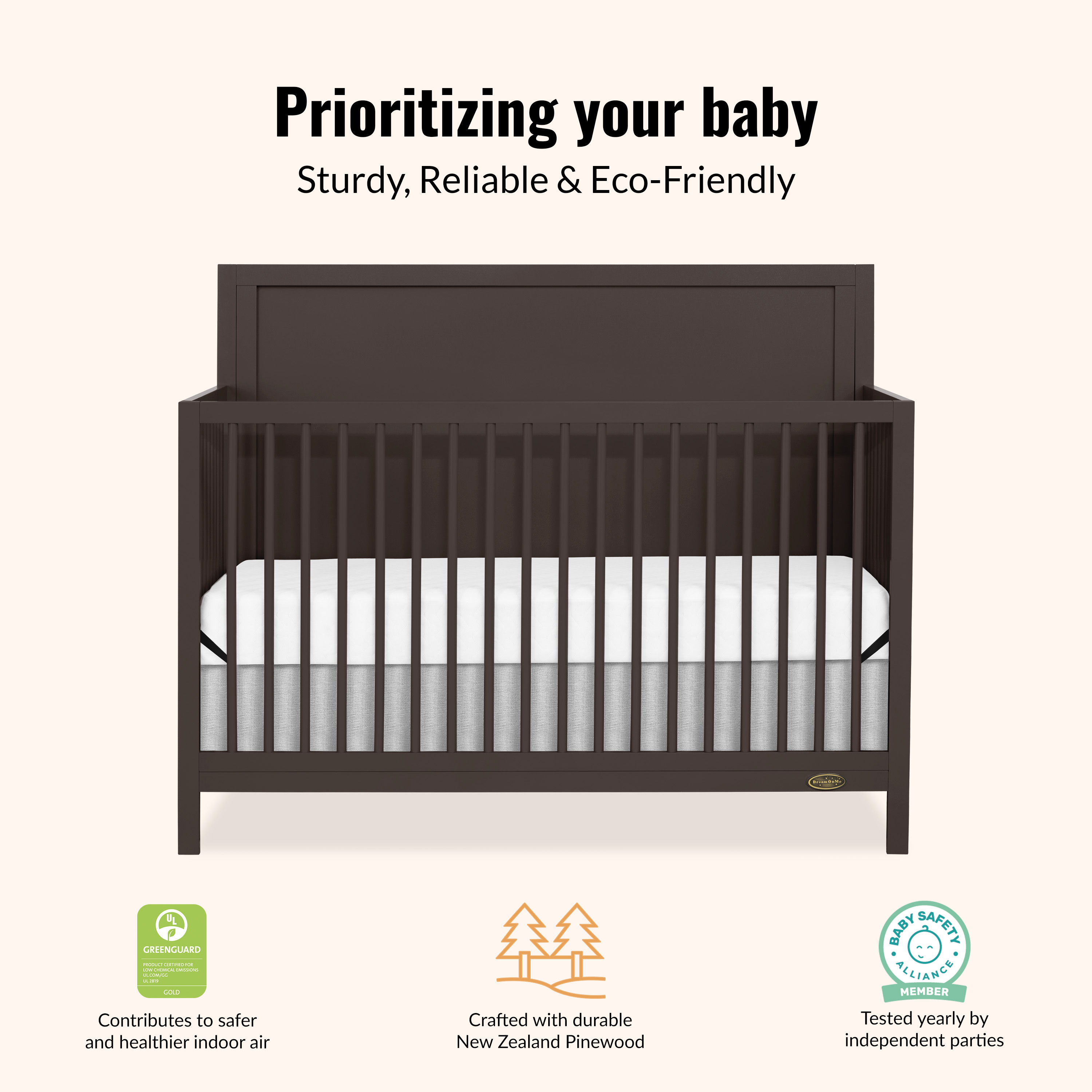Dream On Me Dillian 5-in-1 Convertible Crib, JPMA & Greenguard Gold Certified, Crafted with New Zealand Pinewood, Chocolate Chip