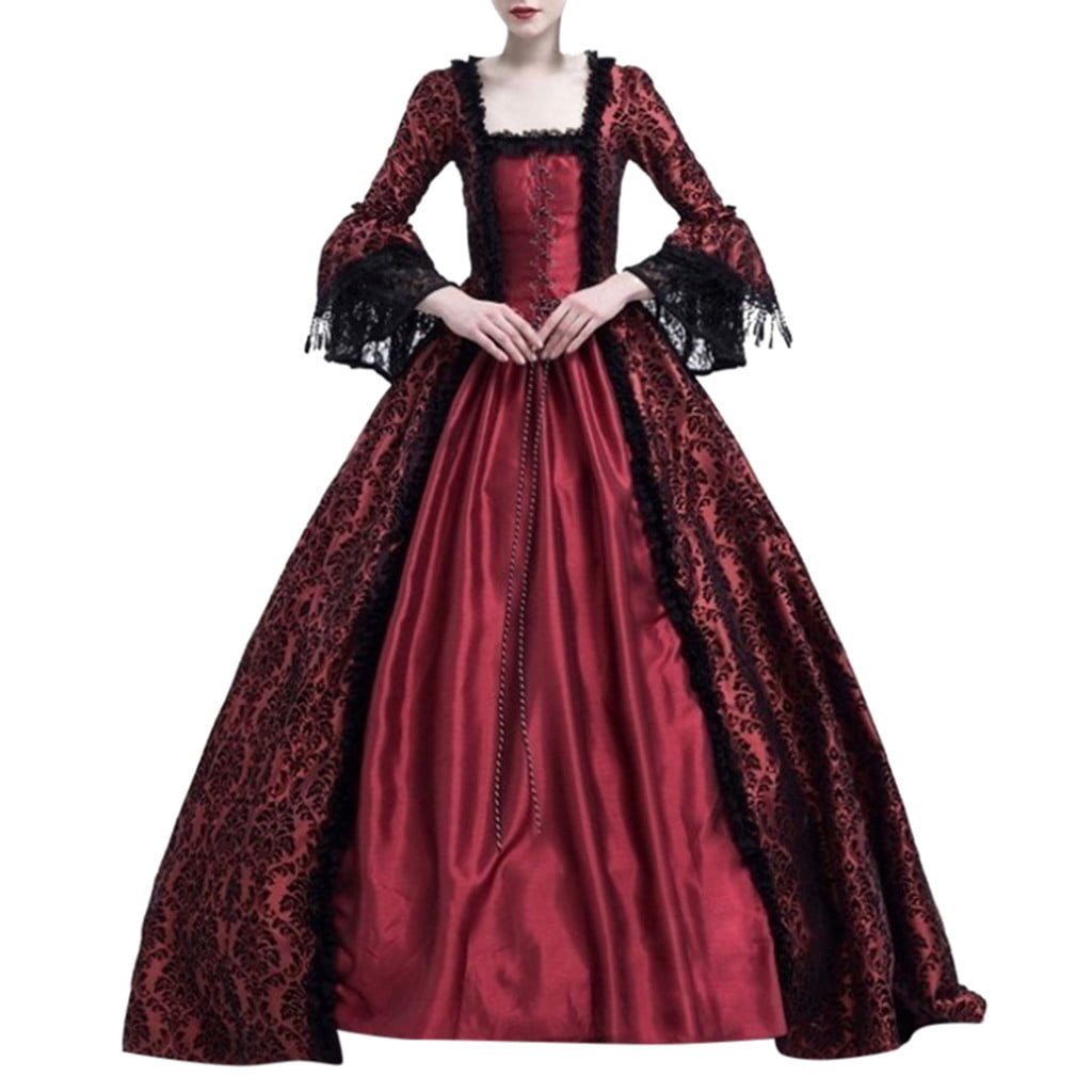 Women Dress Retro Medieval Costumes Fancy Party Princess Renaissance Cosplay Lace Long Sleeved Dress