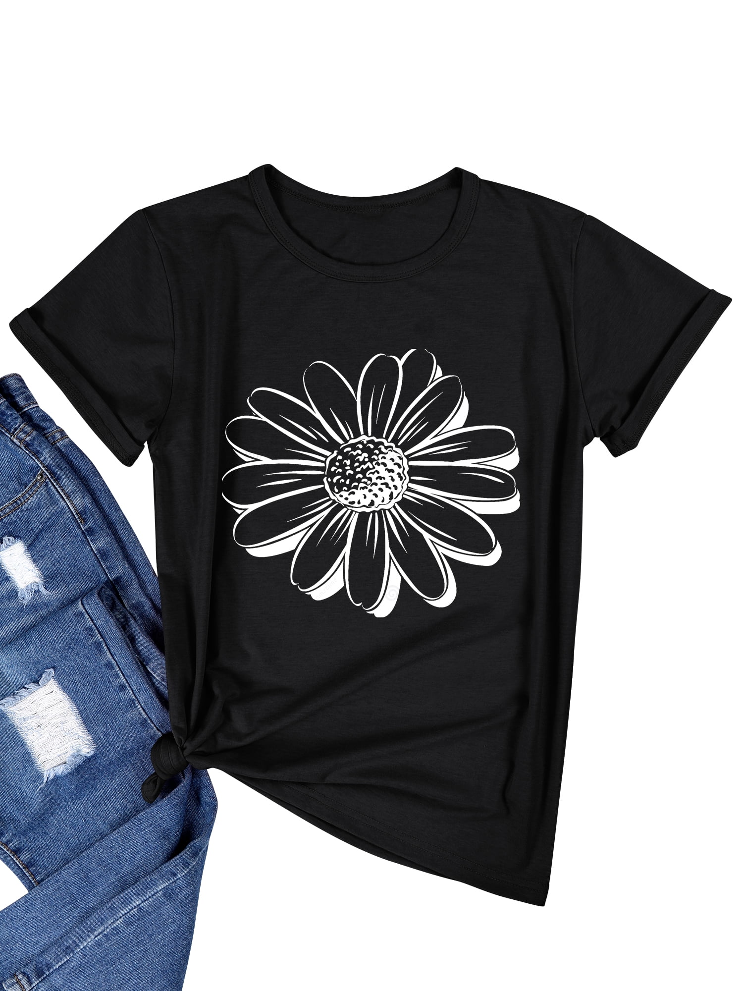 Xuanfei Women Flower Print Crew Neck Short Sleeve TShirt