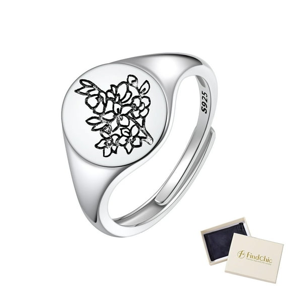 FindChic Sterling Silver Rings for Women March Cherry Biossom Birth Flower Adjustable Signet Ring Size 6-11 Valentines Christmas Birthday Jewelry Gift for Her/Mom