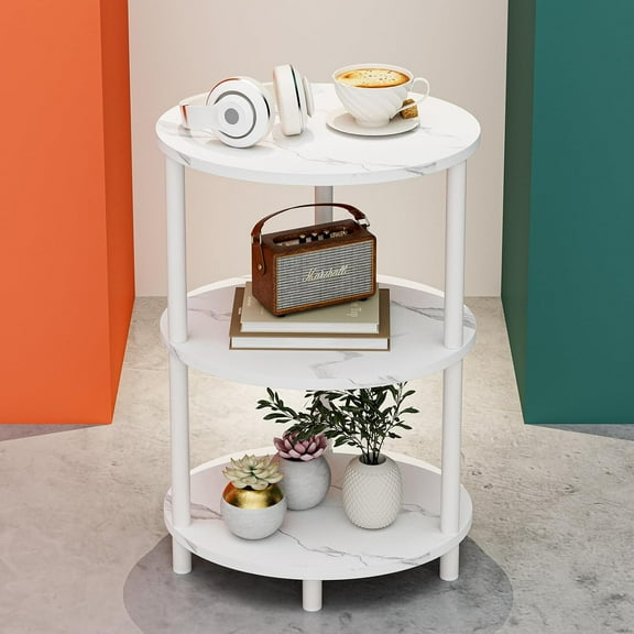 Small Round Side Table - 3-Tier Oval Accent Table for Small Spaces, Rustic Wood and Metal Couch End Table, Nightstand for Bedroom or End Table Living Room, Easy to Assemble, Marble White