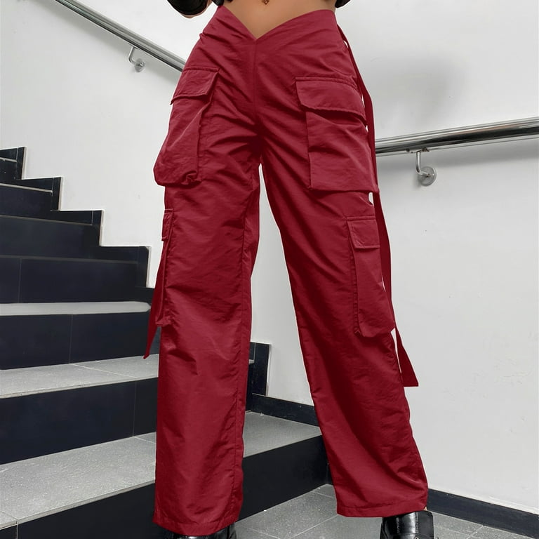 RYRJJ Women Y2K E-Girl Streetwear Low Waisted Cargo Pants Straight Wide Leg  Parachute Pants Casual Baggy Harajuku Hippie Trousers(Red,M)