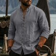 thumbnail image 2 of XuJwPNcy Men Long Sleeve Linen Shirts Casual Mock Neck Button down Tops Fall Beach Vacation Shirts(Gray,3X-Large), 2 of 7