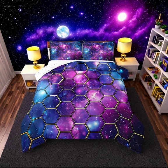 Erosebridal Gradient Psychedelic Nebula Bedding Twin Comforter Set,Hexagon Honeycomb Down Comforter,Room Decorative,Reversible,Lightweight,2-Piece