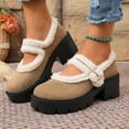 thumbnail image 2 of Pandaie Mary Jane Shoes Women Fleece Lined Platform Pumps Dress Shoes Suede Ankle Strap Chunky Mid Heel Winter Oxfords Khaki 6.5, 2 of 8