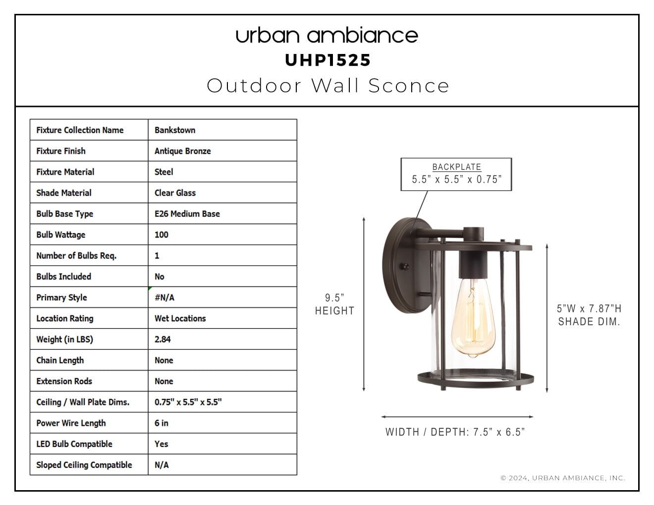 Luxury Farmhouse Wall Sconce, Small Size: 9.5''H x 7.75''W, with Modern Farmhouse Style Elements, Antique Bronze Finish, UHP1525 from the Bankstown Collection by Urban Ambiance