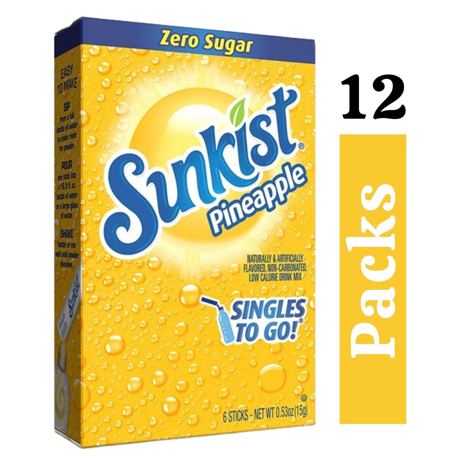 Sunkist Soda Singles-To-Go Zero Sugar Drink Mix Pineapple ( 12 Boxes, 72 Sticks Total) Caffeine Free and Non-Carbonated  Makes 72 Glass Flavored Water Beverages