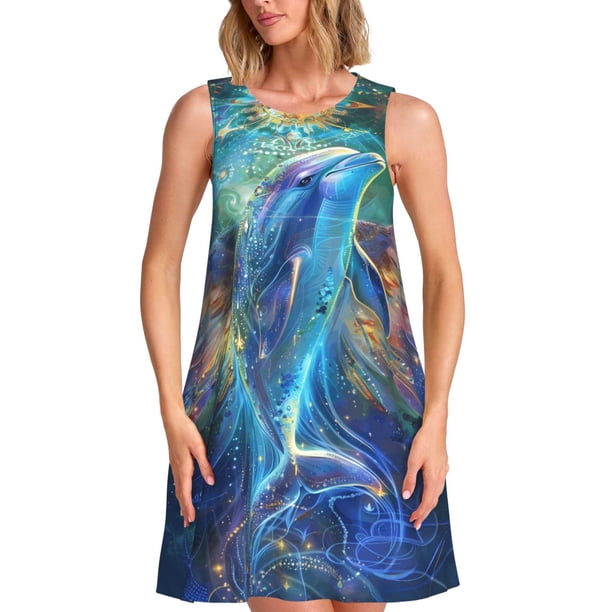 Fotbe Colorful Winged Dolphin Vestido de Verano sin Mangas para Mujer – Vestido Midi Línea A, Estilo Camiseta Floral, Vestido Playero Casual y Fluido