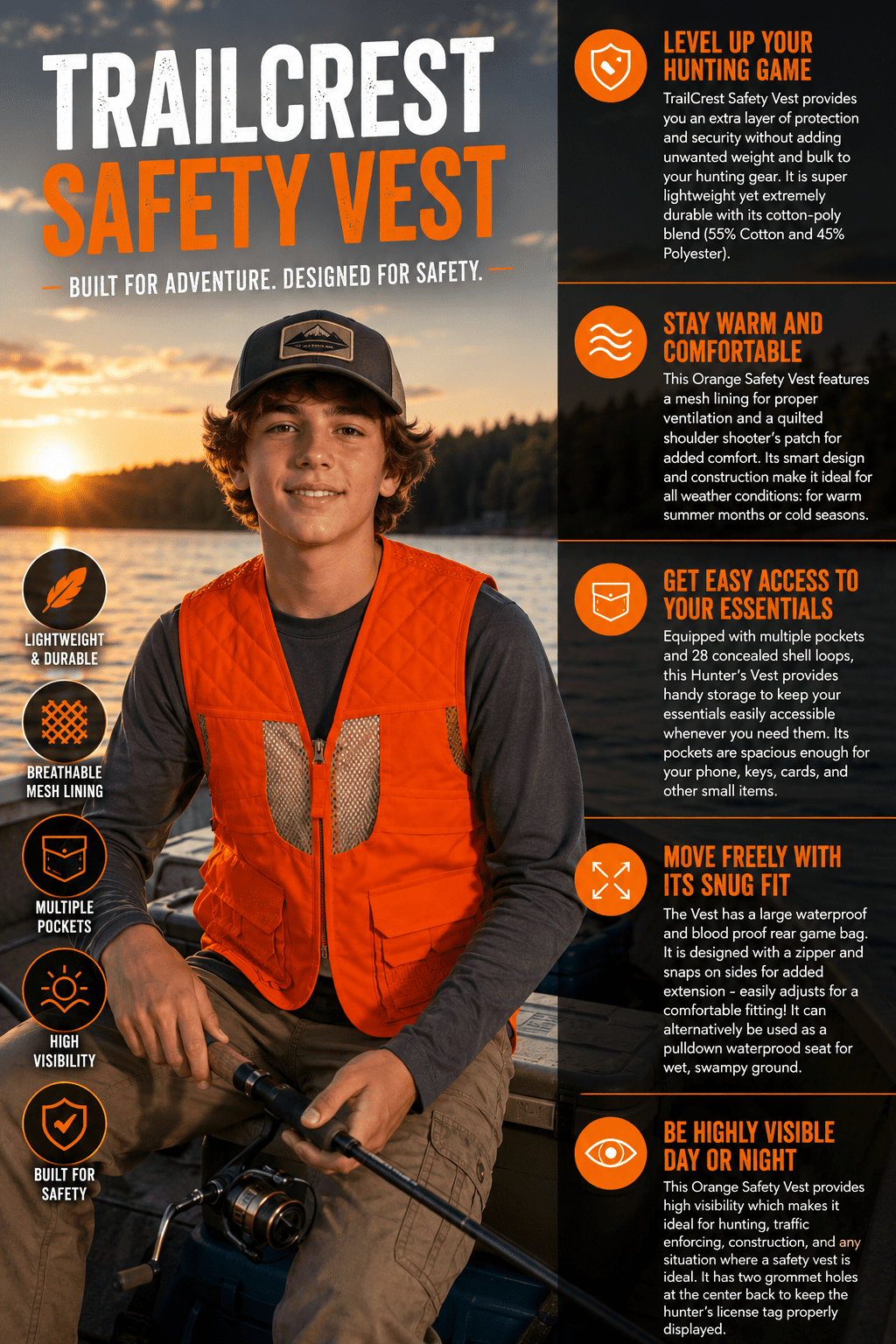 TrailCrest Kids Delxue Blaze Orange Safety Front Loader Hunting Vest, XS