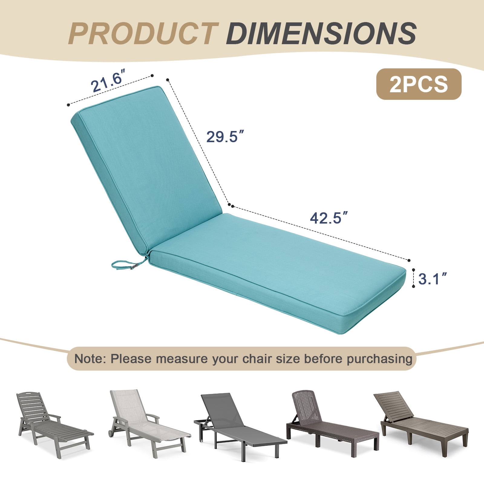 BPS 72" x 21" x 3" Outdoor Chaise Lounge Cushion, Fade & Water Resistant Patio Chair Cushion, Set of 2 - Blue