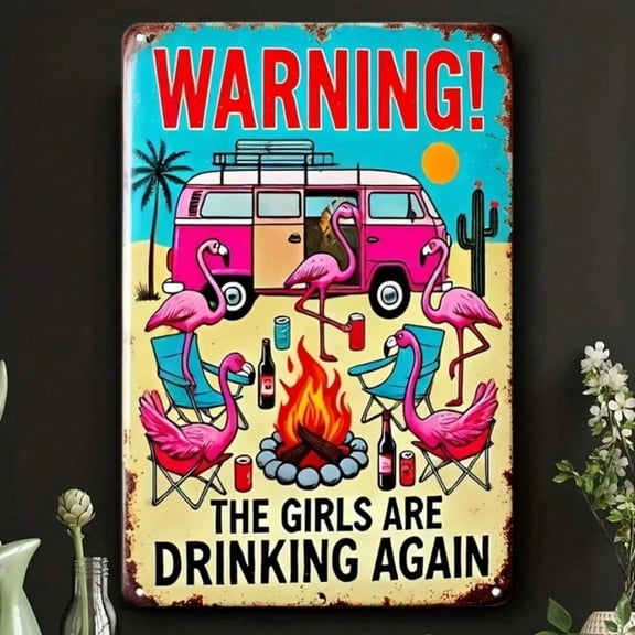 HELLOYOUNG Metal Sign Vintage Wall Art 8x12 Inch, Rustic Bar Decor with Pink Flamingos and Girls Drinking Art for Garage Man Cave, Retro Tin Sign Home Decor