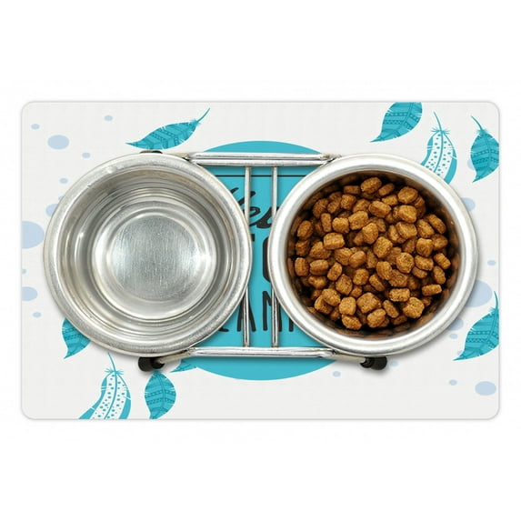 Saying Pet Mat for Food and Water, Soft Colored Retro Never Stop Dreaming Calligraphy with Boho Feathers Print, Non-Slip Rubber Mat for Dogs and Cats, 18" X 12", by Ambesonne