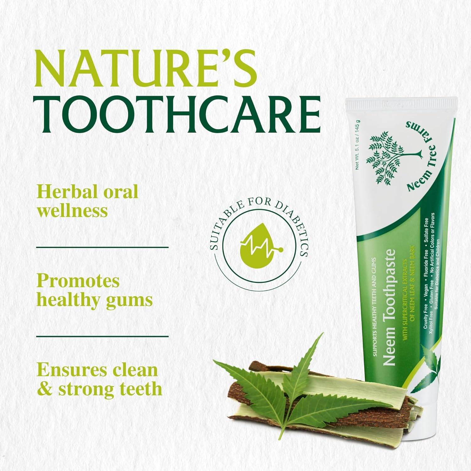 Neem Tree Farms Neem Toothpaste for Adult & Children, Fluoride Free, Clove & Stevia - 5 oz (4 Pack)