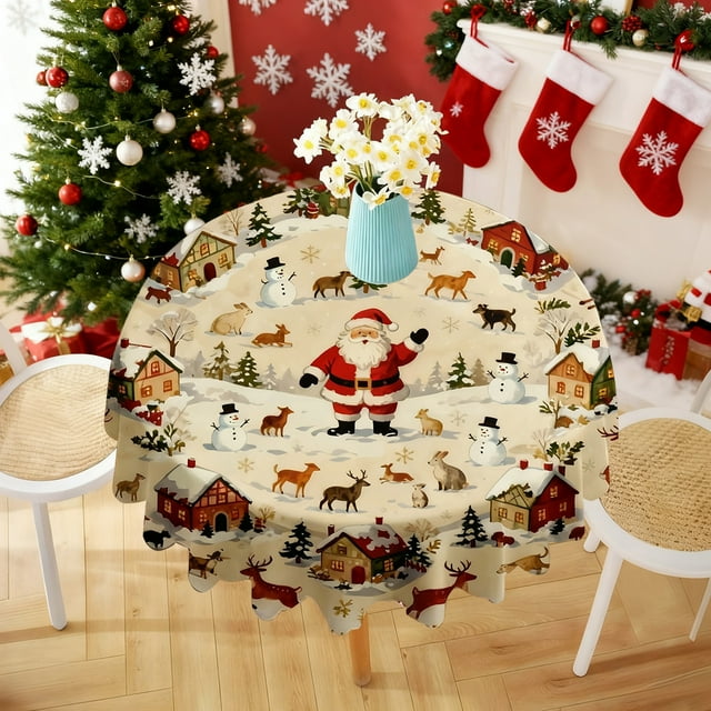 Qiulaii 1pcs Festive Christmas Tablecloth with Santa Claus Design, Wrinkle-Resistant Polyester Fabric for Holiday Dining and Party Decorations