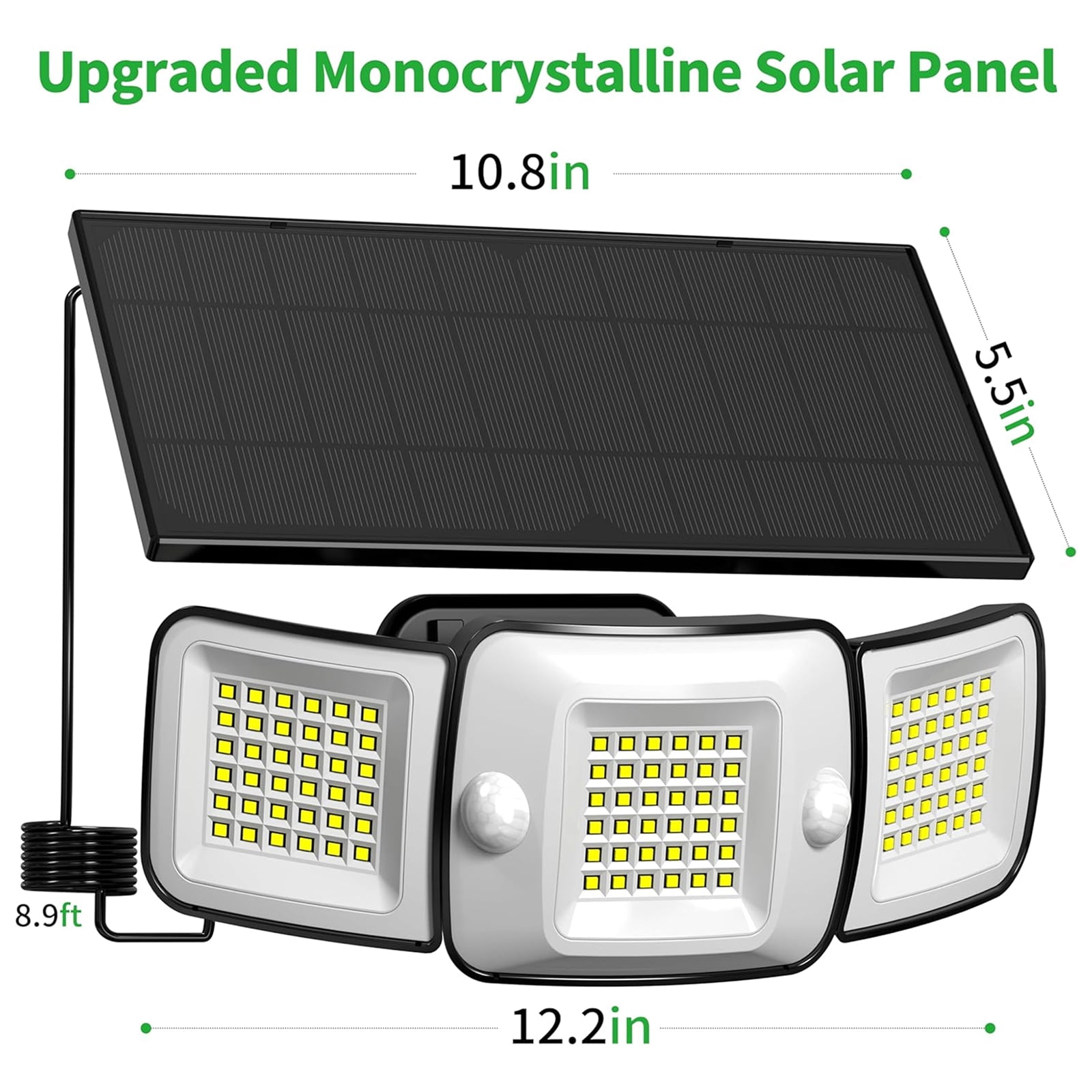 intelamp Solar Flood Light 6000mAh 1500LM Waterproof Motion Light with 108 LED Beads and 9.8ft Cable for Outdoors, 3-Head Safety Remote Light with 270° Wide-Angle for Courtyard Garage Fence - White