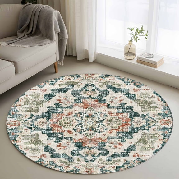 Round Rugs 3Ft, Green Orange Boho Round Area Rug Washable Indoor Throw Carpet, Abstract Medieval Vintage Ethnic Floral Small Non Slip Circle Rug for Bedroom Living Room Home Decor Aesthetic