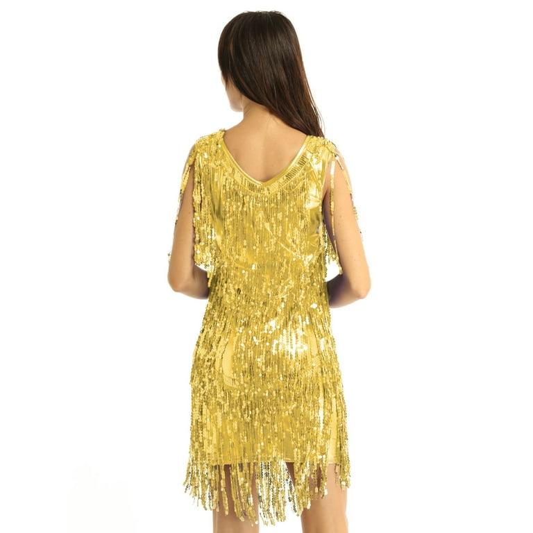 YEAHDOR Womens Shiny Sequins Tassels Fringed Dance Dress V Neck Sleeveless  Ballroom Dancewear Latin Rumba Dance Costume