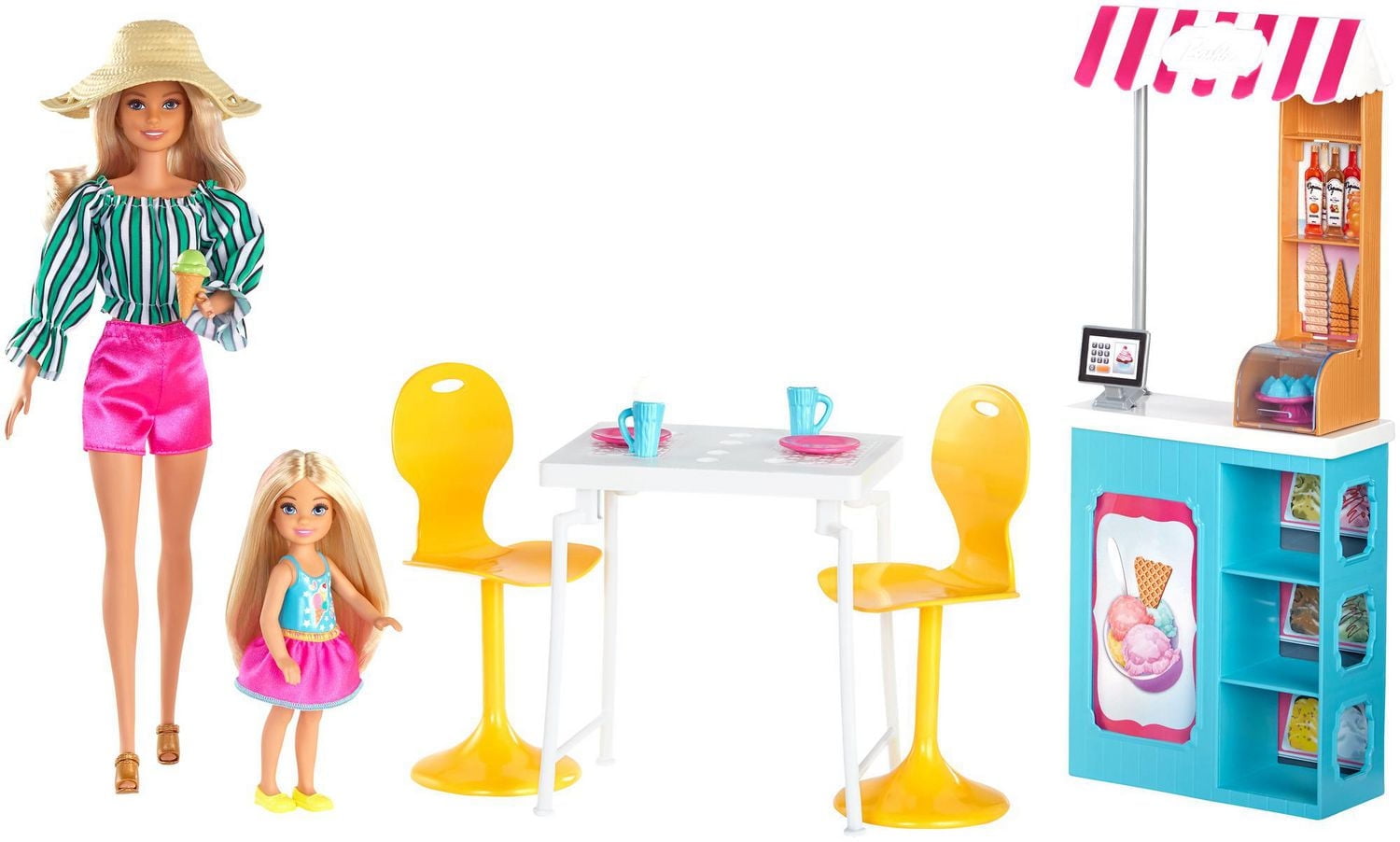 ​Barbie Ice Cream Cafe Playset with Barbie Doll and Chelsea Doll, Store Frame, Table, 2 Chairs and Food Accessories for Kids 3 to 7 Years Old
