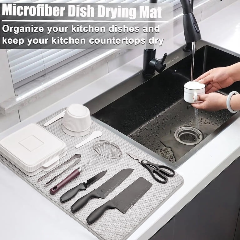 2 Pack Large Dish Drying Mat For Kitchen Counter - 24x17 Inch Microfiber Absorbent Draining Pad (Gray)