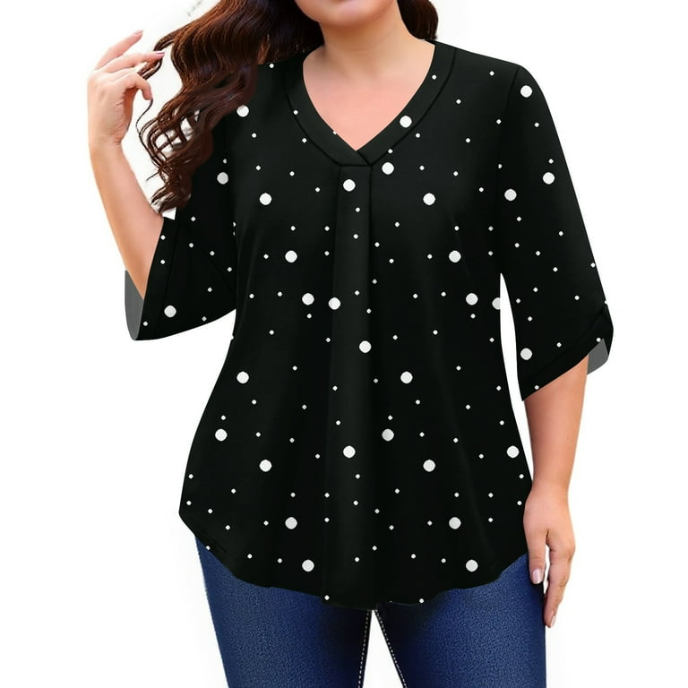 Abcomgle Plus Size Tops for Women Pleat Hem Fashion 3x Women Tunic V Neck  Plus Size Tunic Tops 3/4 Sleeves Polka Dot Print Casual Tunics 4x Womens