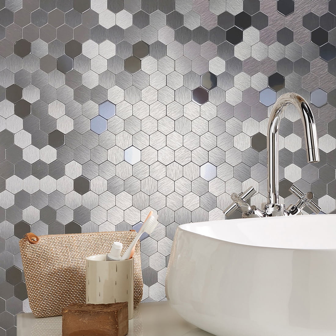 Acopelo Peel and Stick 3D Hexagon Mosaic Silver Metal Tile for Backsplash - 6 Tiles