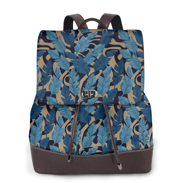 Easygdp Blue Leaves A Mochila de Cuero para Mujeres, Bolso de Hombro, Bolsos de Mano de Moda para Trabajo y Viajes