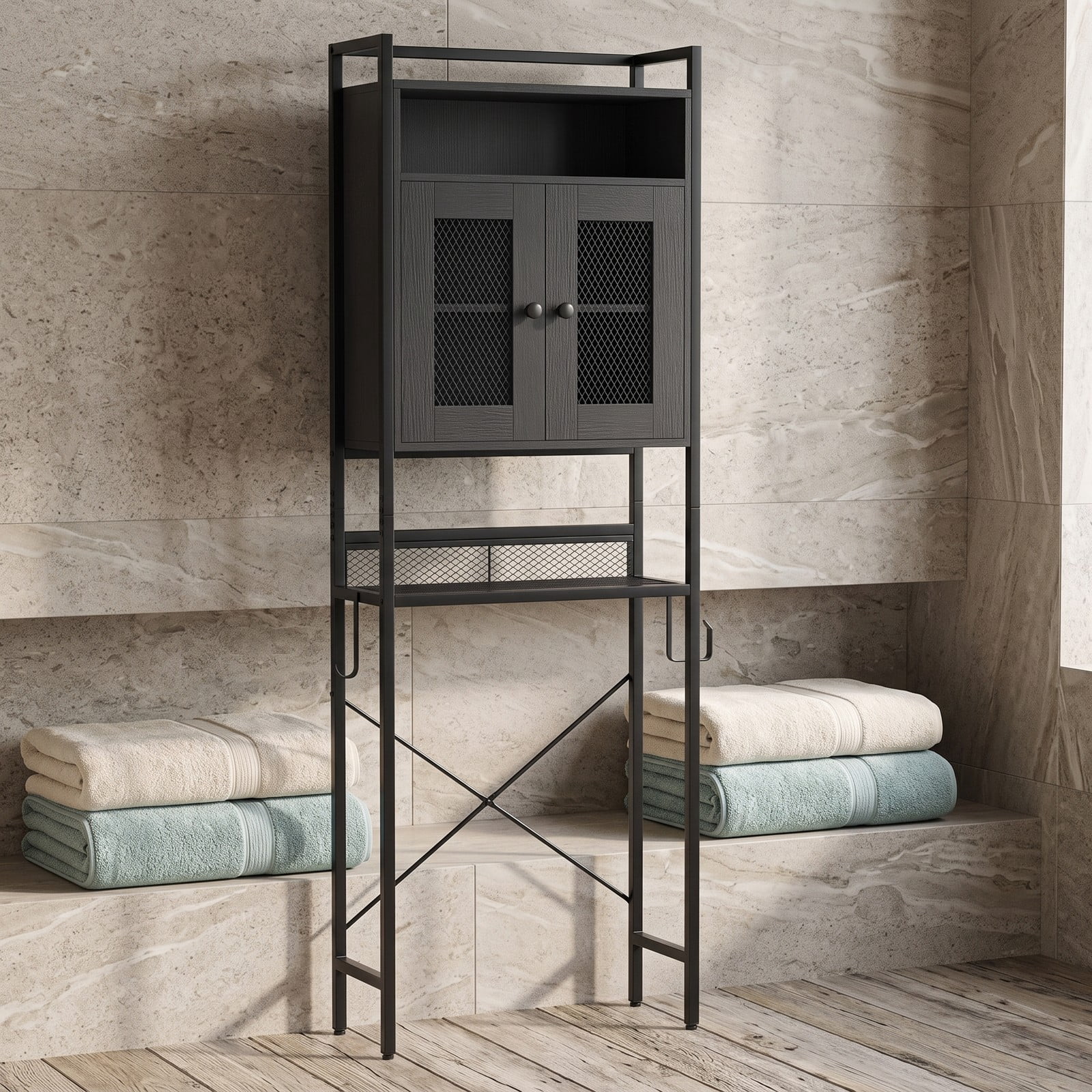 ALPULON Freestanding Over the Toilet Storage Cabinet with Heavy Duty X-Shaped Metal Frame and 2 Breathable Mesh Doors, Black