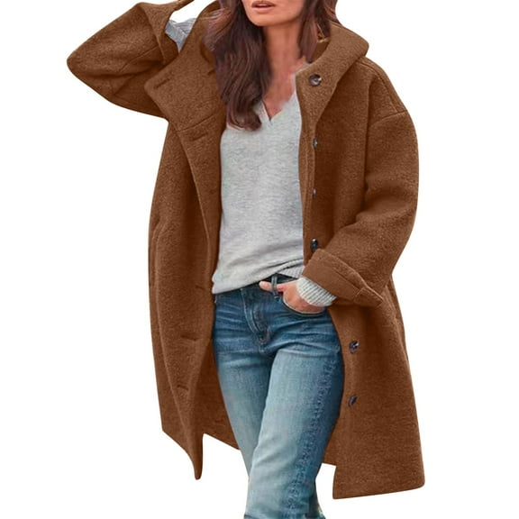 Clearance! Delayuji Wool Sweater Women Womens Long Sleeve Casual Fleece Fuzzy Jacket Loose Fitting Warm Winter Outwear Fashion Lapel Jacket Coats Womens Tweed Blazer Coffee L
