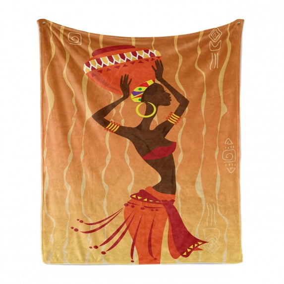 African Soft Flannel Fleece Throw Blanket, Vintage Art Girl in Ceremony Traditional Fashion Image, Cozy Plush for Indoor and Outdoor Use, 50" x 60", Orange Amber, by Ambesonne