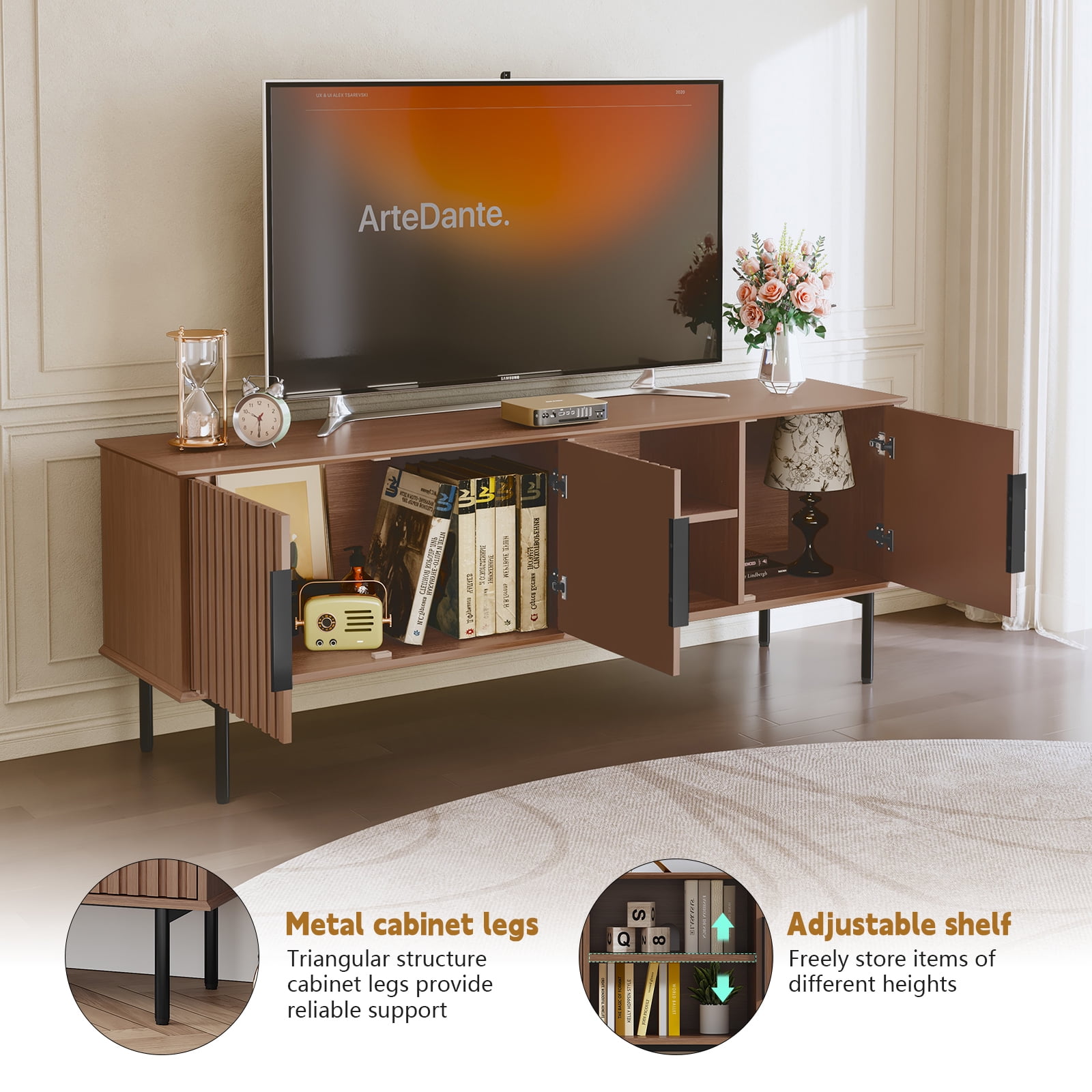 HLR Mid Century Fluted 66" TV up to 75" Stand with Storage, Modern Wooden Entertainment Center Console for Living Room, Brown
