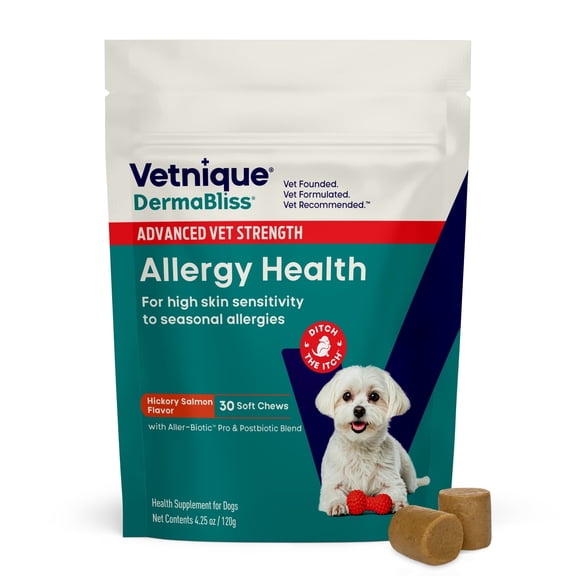 Vetnique Labs Dermabliss Advanced Vet Strength Allergy Health Soft Chews for Dogs, Hickory Salmon Flavor, 30 count