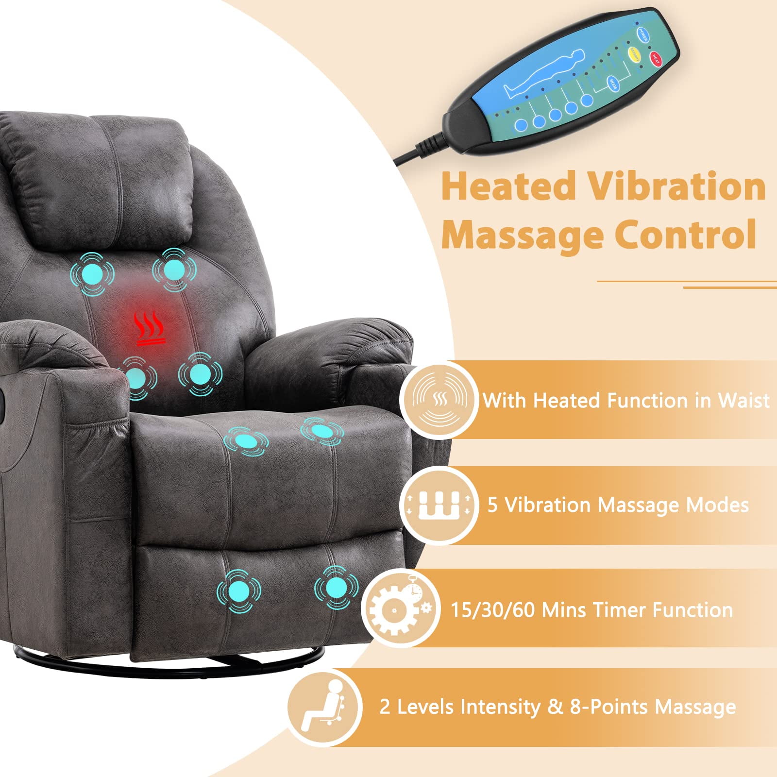W WARMHOL Swivel Rocker Recliner Chair - Manual Glider Rocking Recliner Chair with Heated Massage Ergonomic Lounge Reclining Chair with 4 Pockets/Cup Holders/Remote Control/USB Ports (Gray)