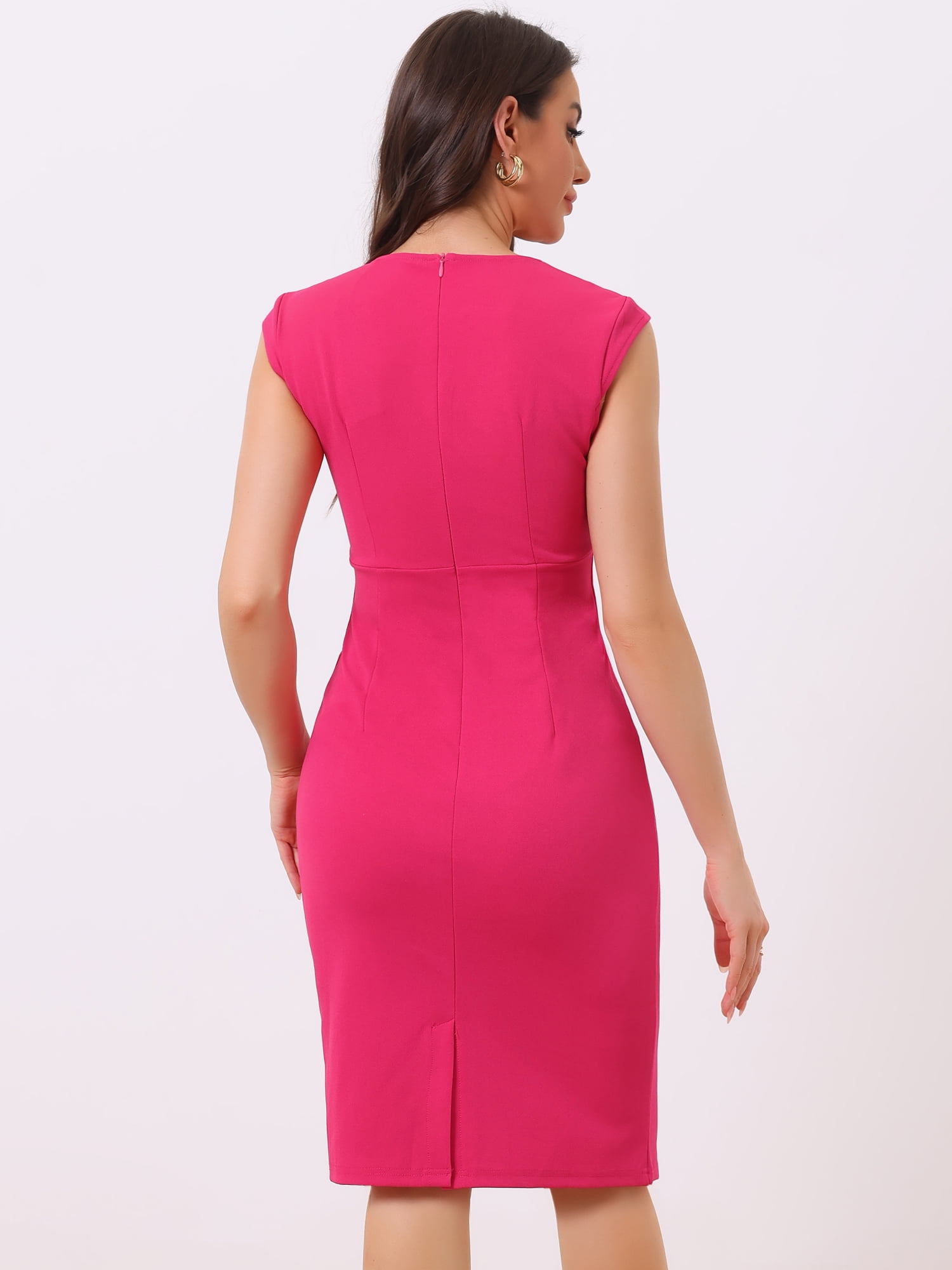 DARING DIVA Pleated Cap Sleeve V Neck Shift Office Work Dresses XL Hot Pink