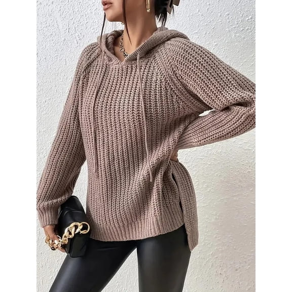 Womens Spring Hoodie Sweater Long Sleeve Casual Clothes Loose Knit Top Khaki L