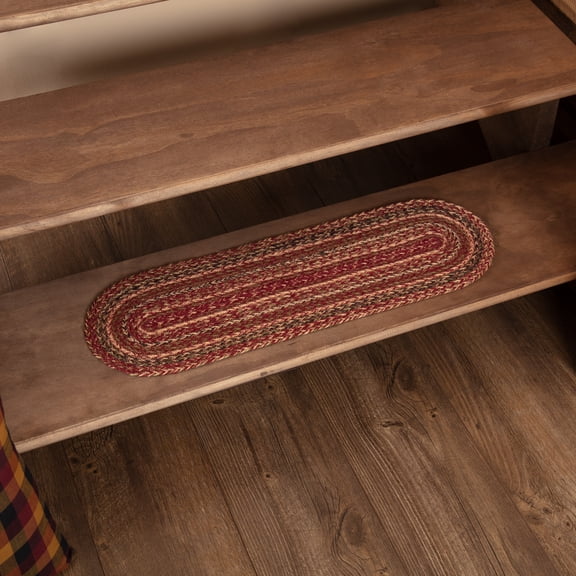 VHC Brands Cider Mill Jute Primitive Stair Tread Red Striped Latex Backing Oval Floor Decor 8.5"x27"