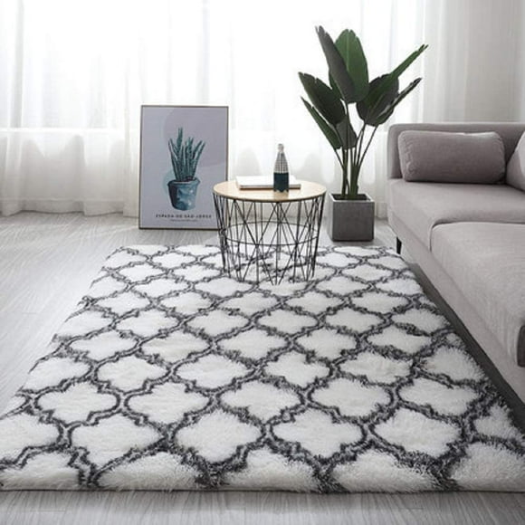 Alfombra de pelo largo para dormitorio, antideslizante, suave y esponjosa (blanca, 60 x 200 cm)