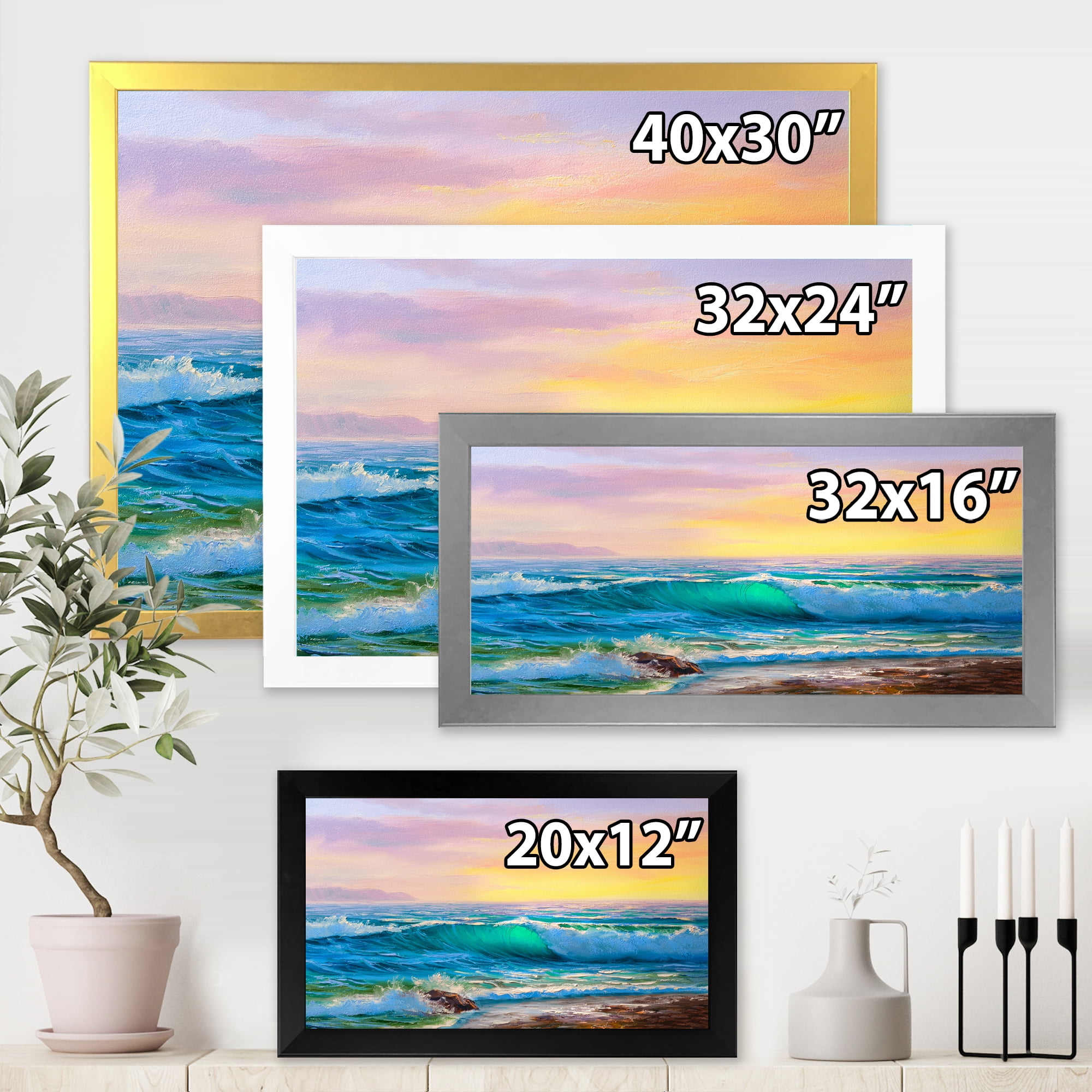 Designart 'Blue Waves Breaking At The Beach Landscape IV' Nautical & Coastal Framed Art Print
