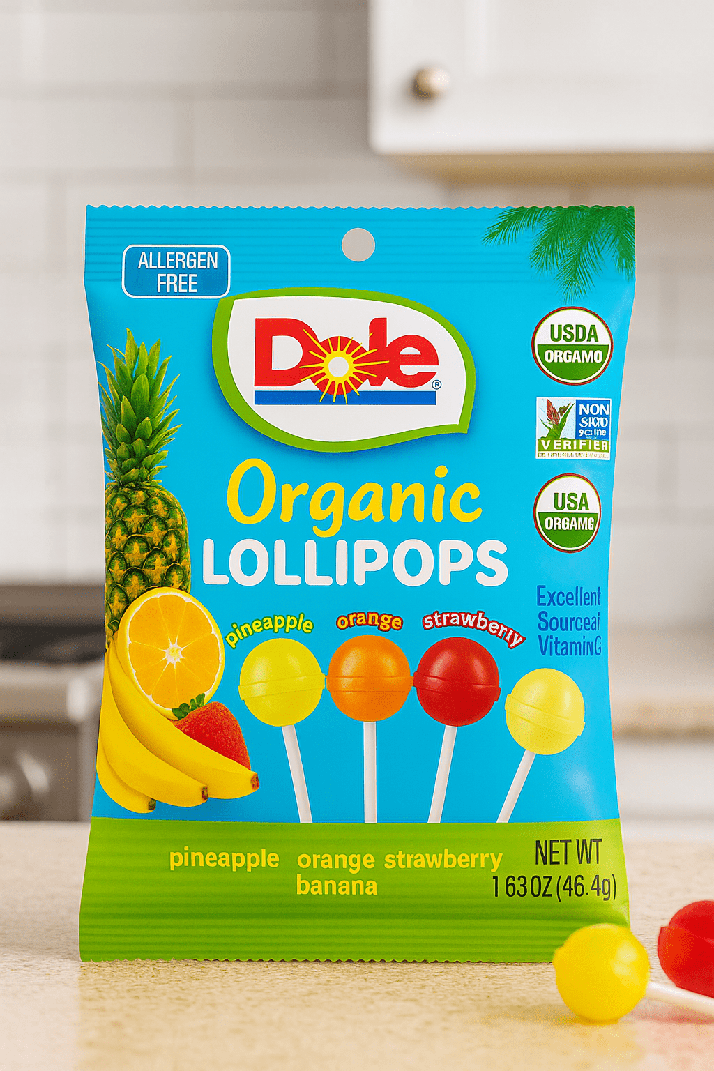 Dole Organic Fruit Lollipops Variety Pack – Pineapple, Orange, Strawberry & Banana Flavors, 1.63 oz Bag, USDA Certified Organic, Gluten-Free, Allergen-Free Candy Treats