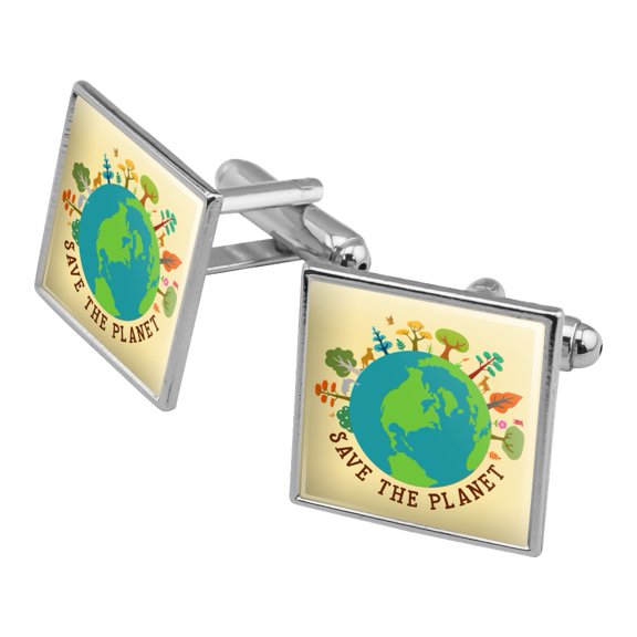 Save The Planet Illustration Conservation Square Cufflink Set - Silver or Gold