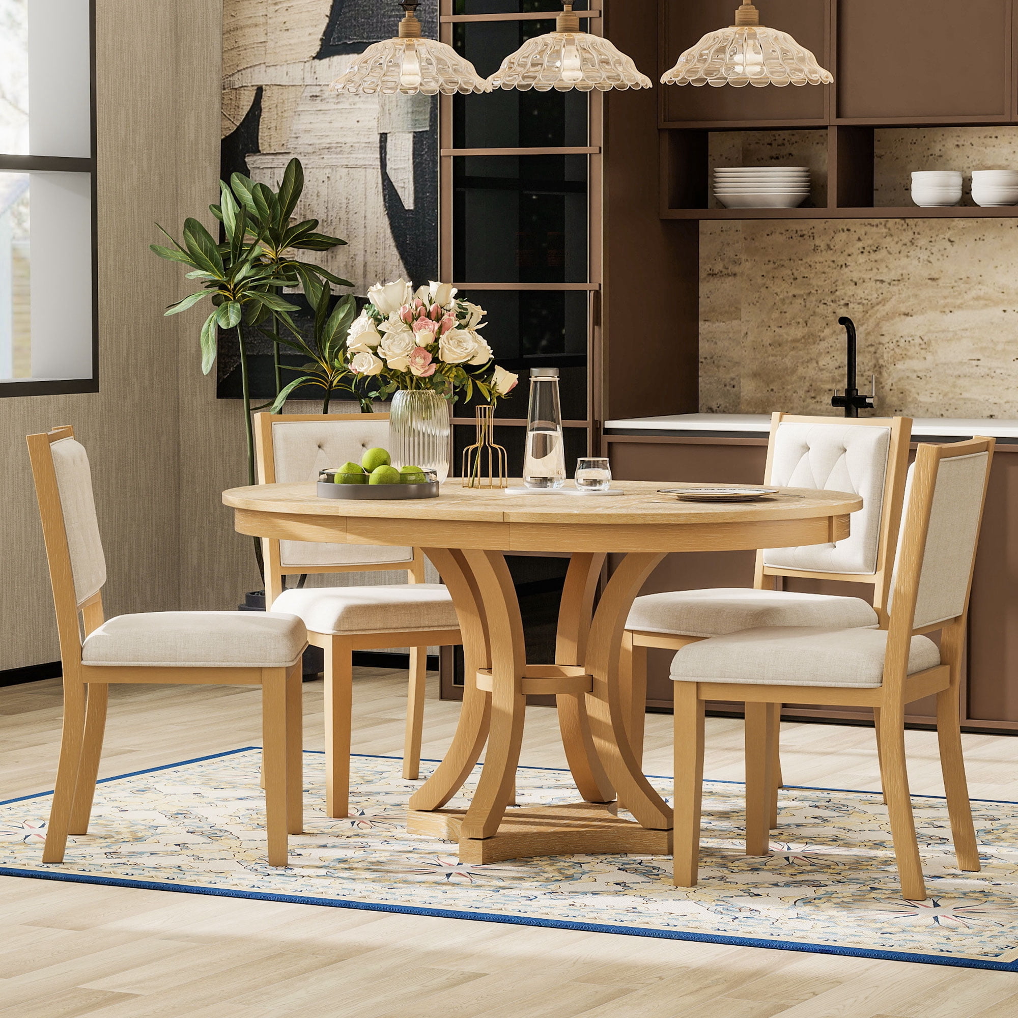 Mintazer 5 Piece Extendable Round Dining Table Set, Retro Expandable Dining Set with Round Table & 4 Tufted Upholstered Chairs for Living Room Dining Room, Natural