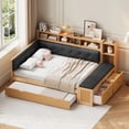thumbnail image 3 of MODERNLUXE Wood Full Size Daybed with Drawers and Trundle, Captain Bed with Upholstered Bench and Cushion. Bed with Shelves and USB Ports, Natural, 3 of 13